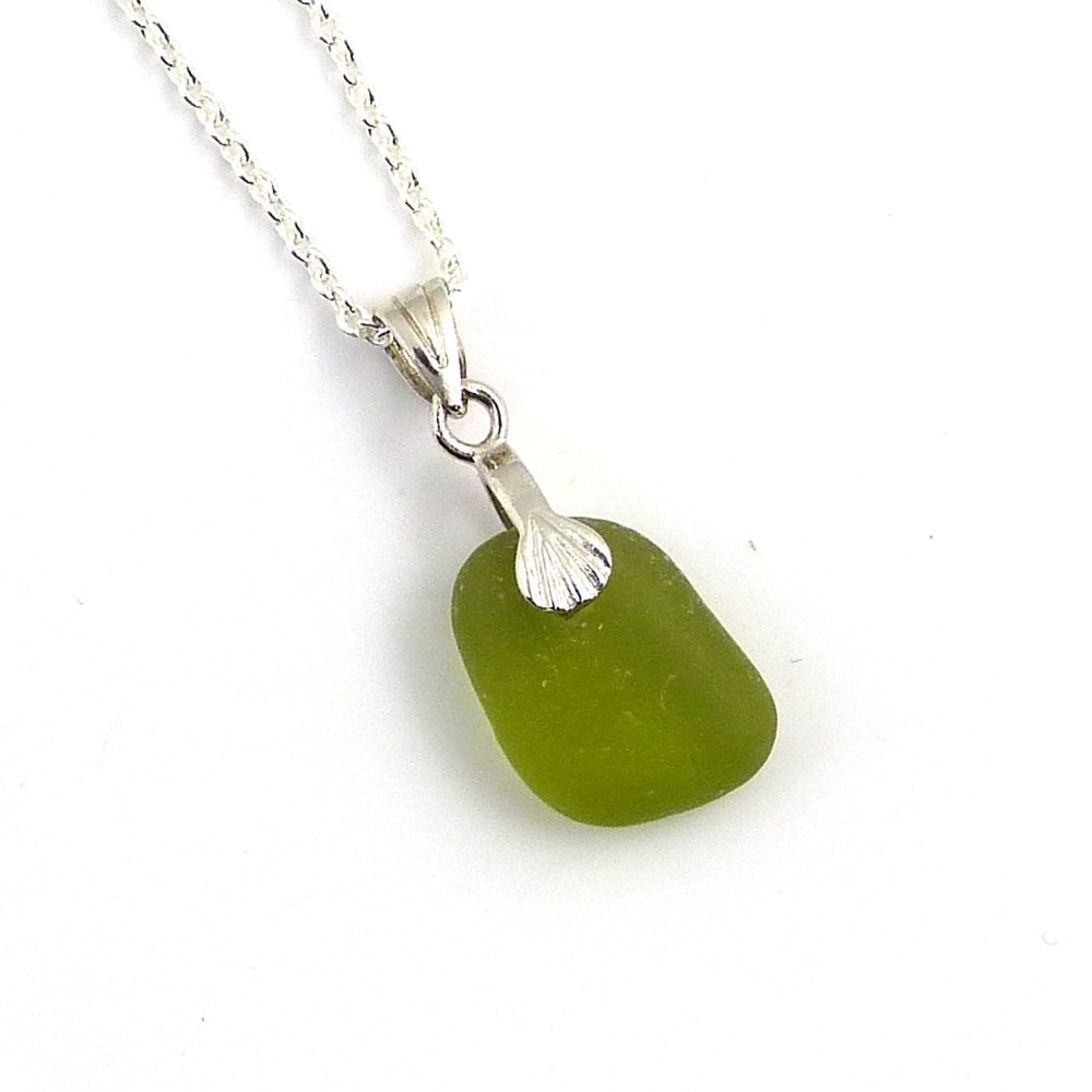 Tiny Deep Lime Sea Glass and Silver Necklace 