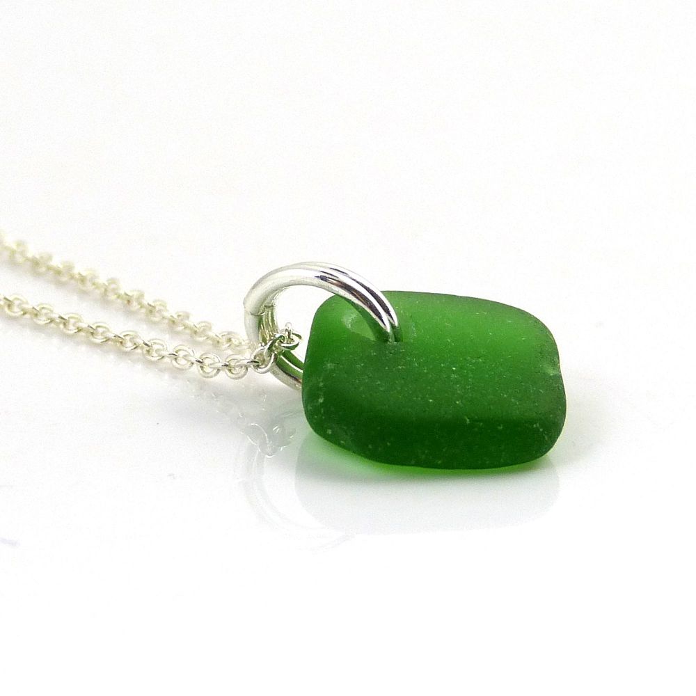 Emerald Green Sea Glass and Sterling Silver Necklace