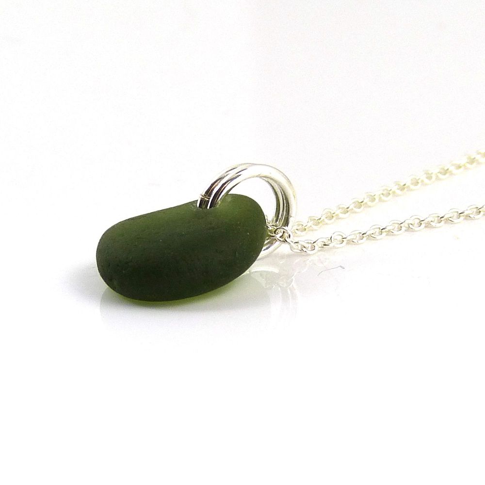 Forest Green Sea Glass and Sterling Silver Necklace