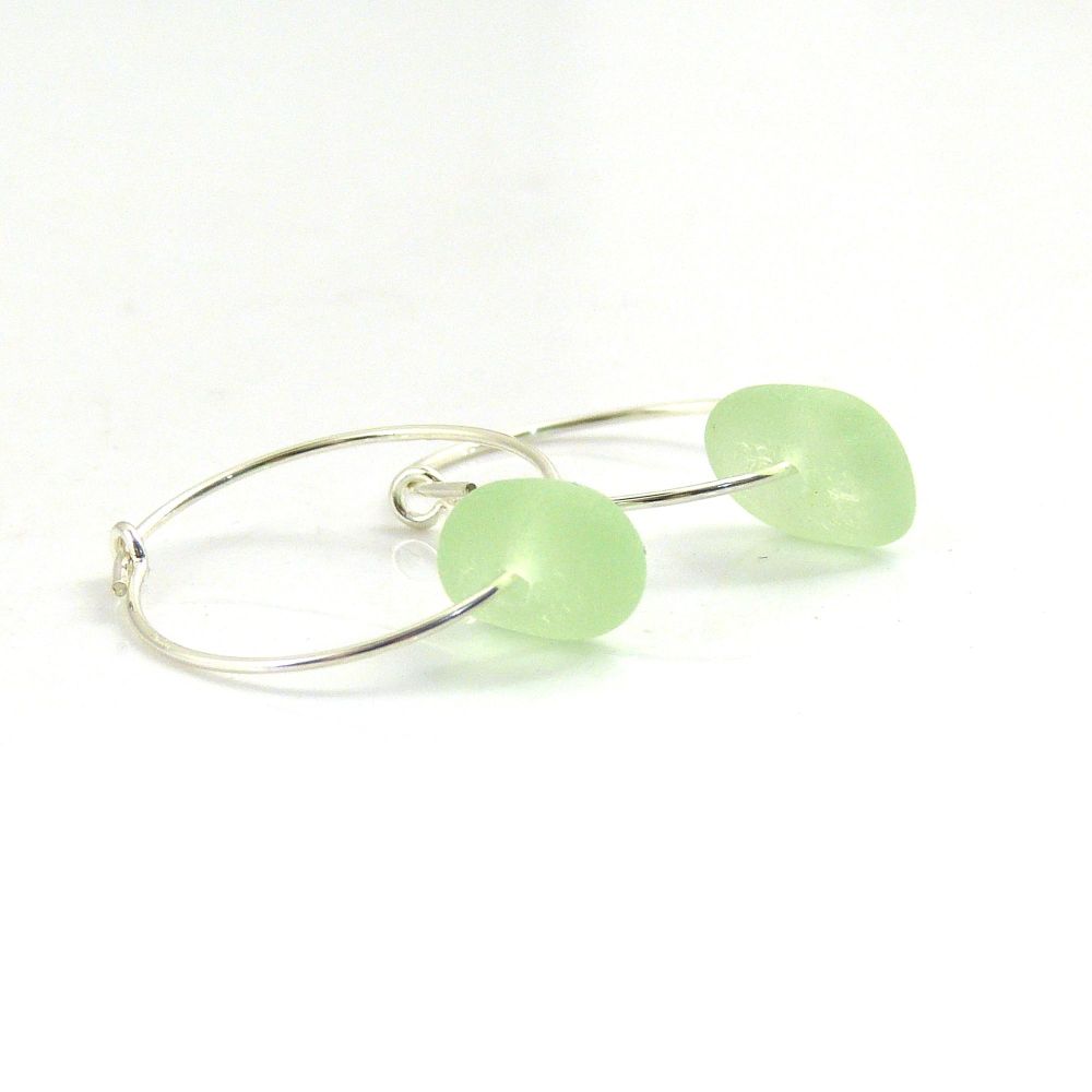 Pale Green Sea Glass and Sterling Silver Hoop Earrings e168