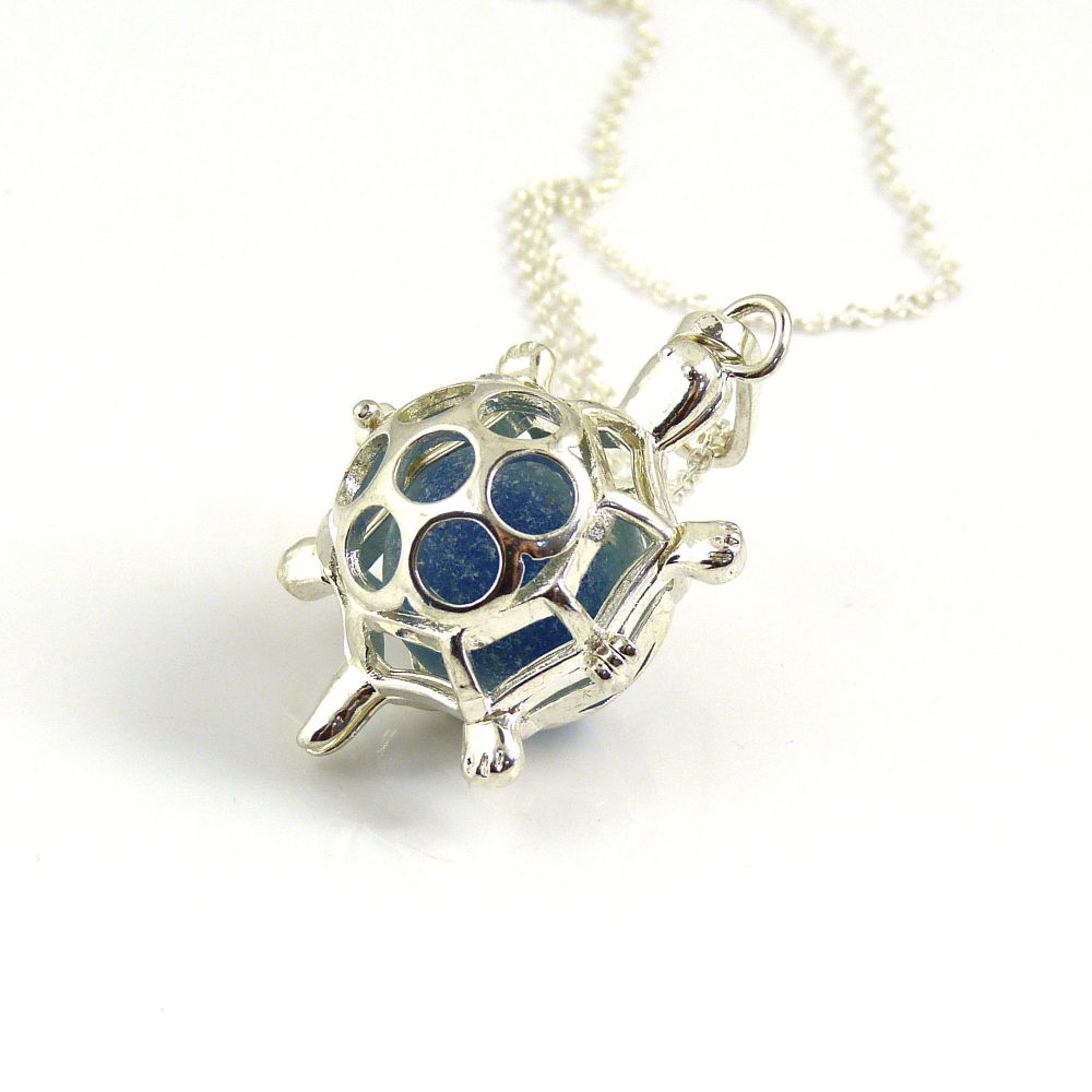 Ocean Blue Sea Glass Marble Turtle Locket Necklace L158