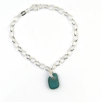 Teal Green Sea Glass and Sterling Silver Bracelet 4mm links The Strandline b251