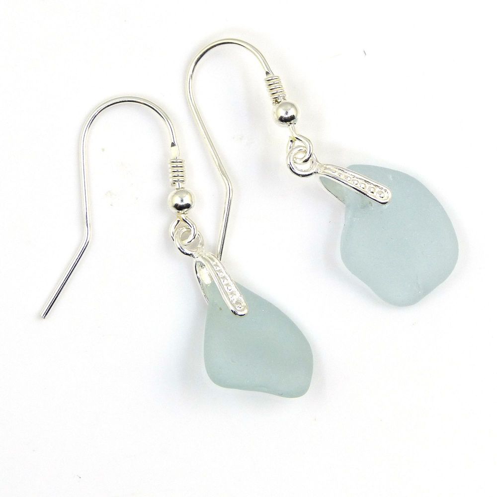 Pale Blue Sea Glass Sterling Silver Earrings E175