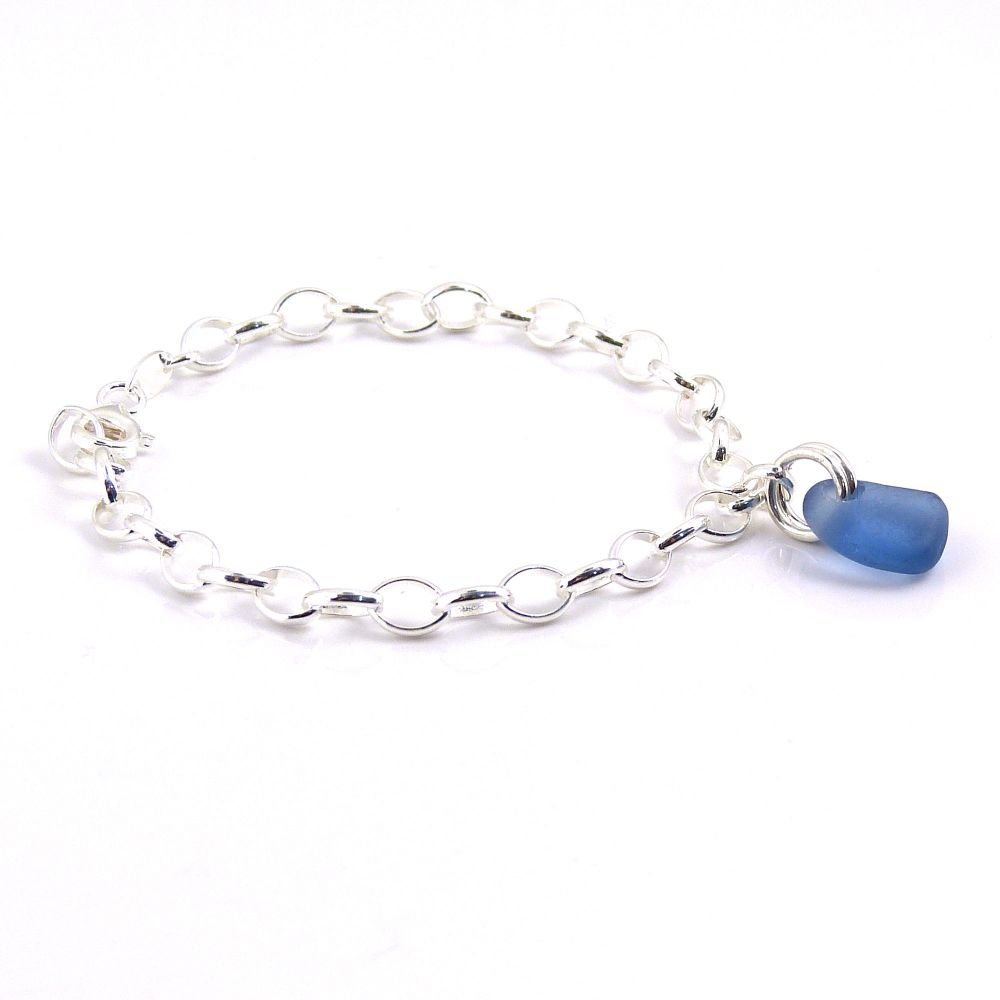 Deep Sky Blue Sea Glass and Sterling Silver Bracelet 4mm links The Strandli