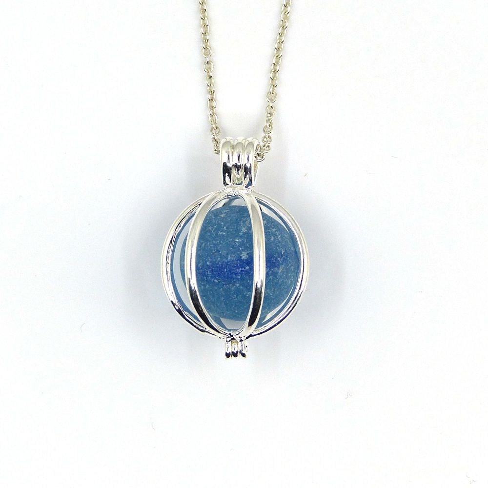 Sea Glass Marble Locket Necklace Sky Blue - Ready to Ship - L170