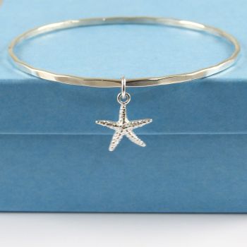 Sterling Silver Hammered Bangle with Starfish Charm