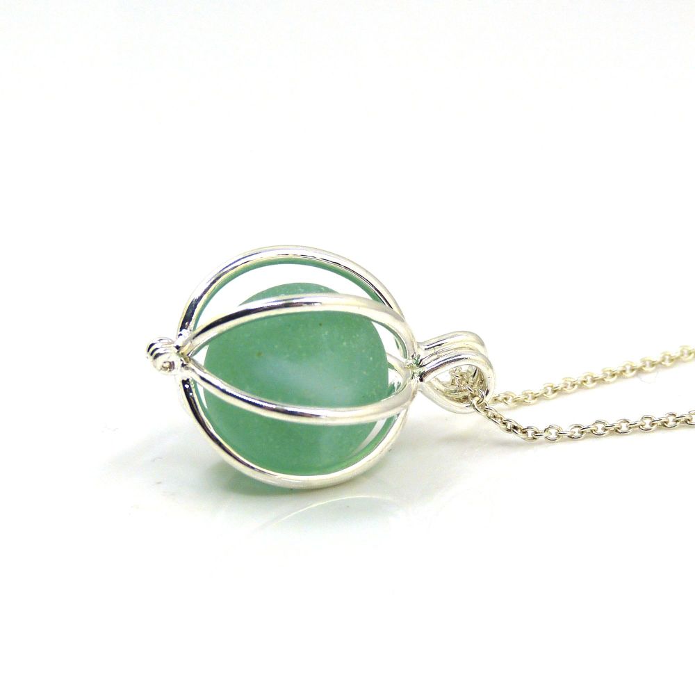 Sea Glass Marble Locket Necklace Light Teal Green - Ready to Ship - L172