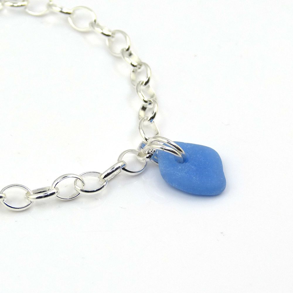 Blue Milk  Glass, Sea Glass and Sterling Silver Bracelet 4mm links The Stra