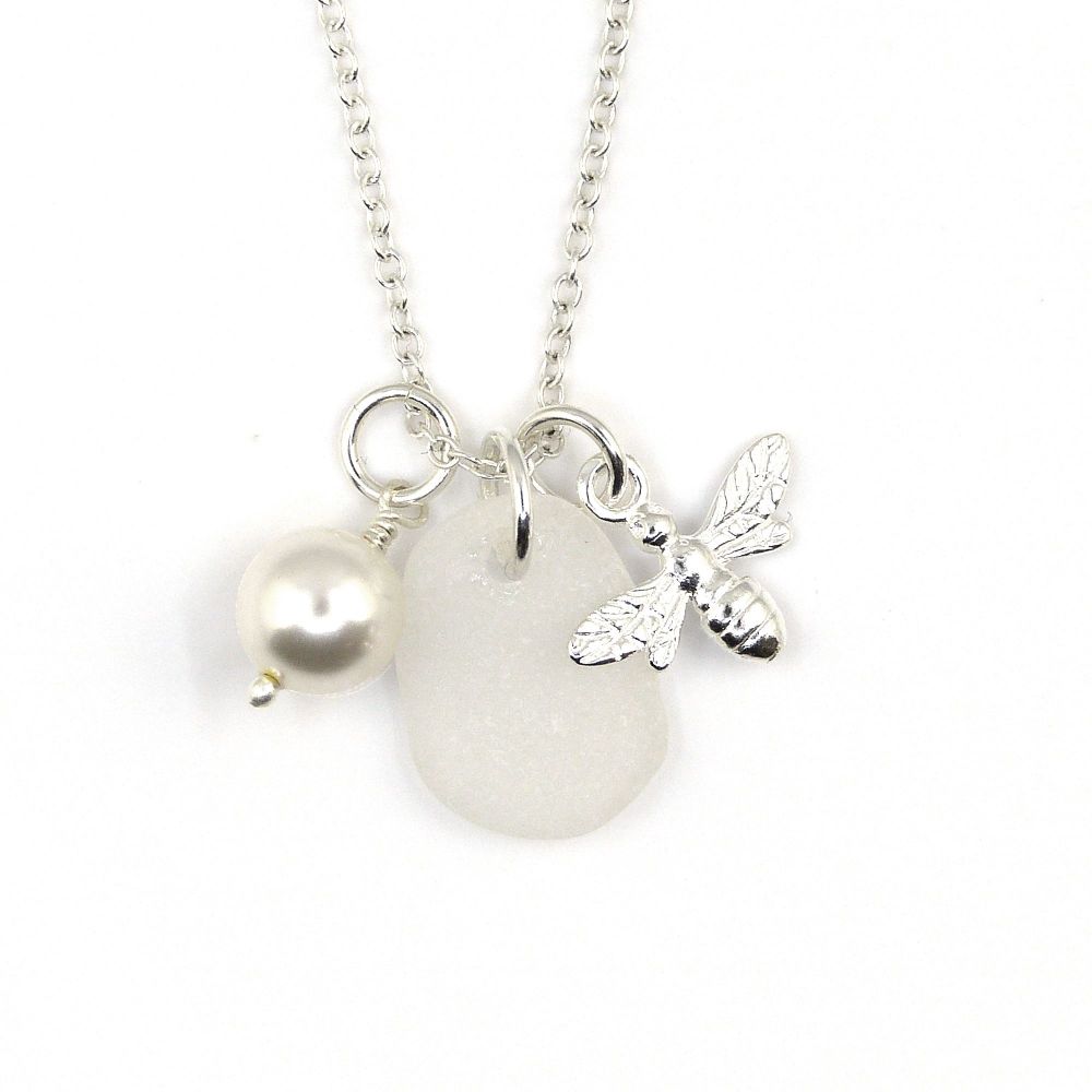Snow White Sea Glass, Sterling Silver Bee Charm and Swarovski Crystal Pearl