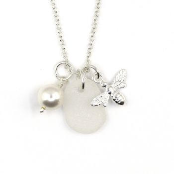 Snow White Sea Glass, Sterling Silver Bee Charm and Swarovski Crystal Pearl Necklace
