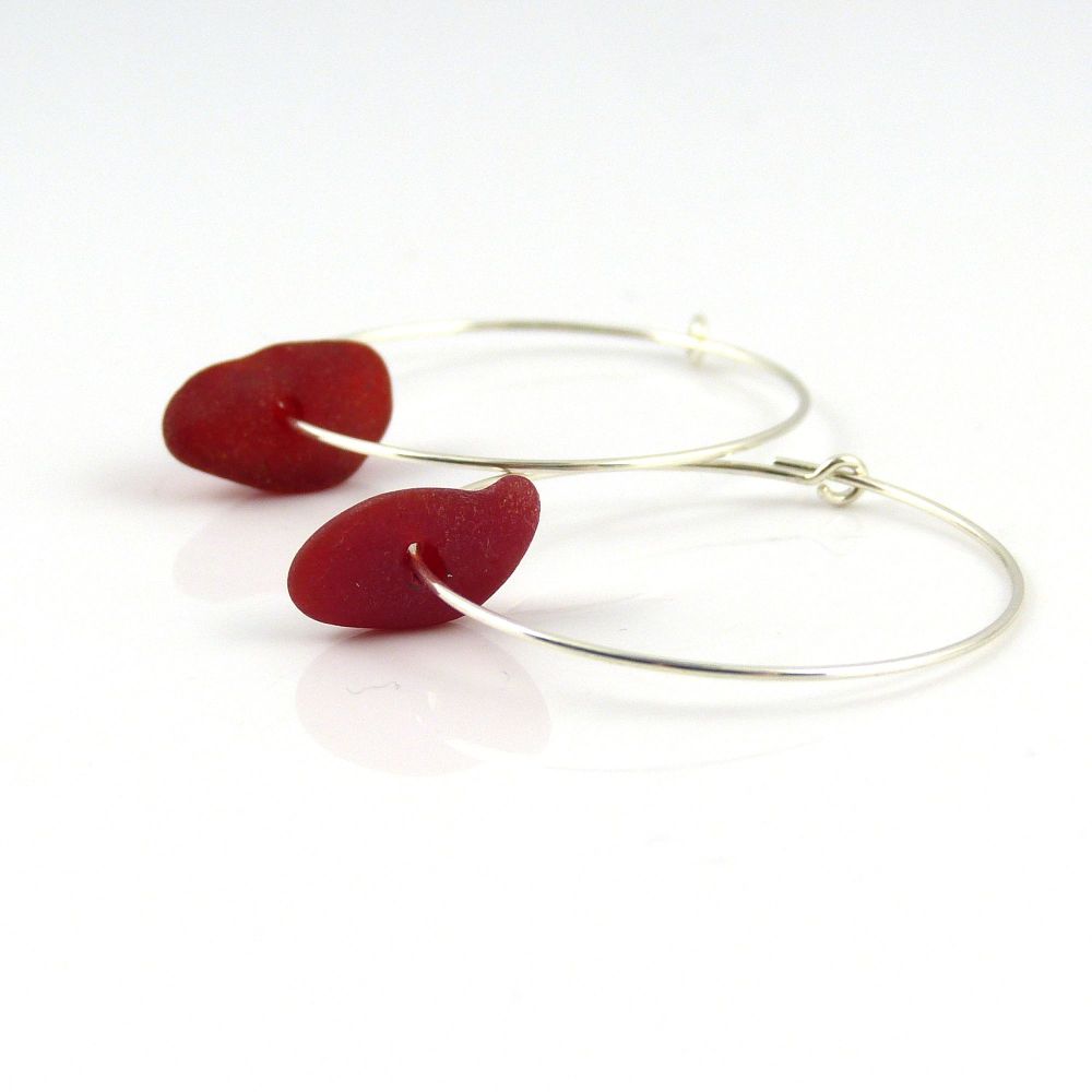 Seaham Deep Red Sea Glass and Sterling Silver Hoop Earrings e179