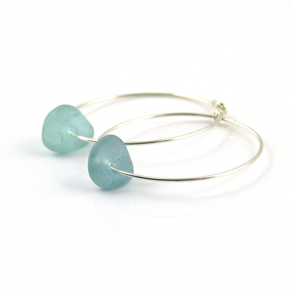 Pale Turquoise Sea Glass and Sterling Silver Hoop Earrings - Seaham Beach S