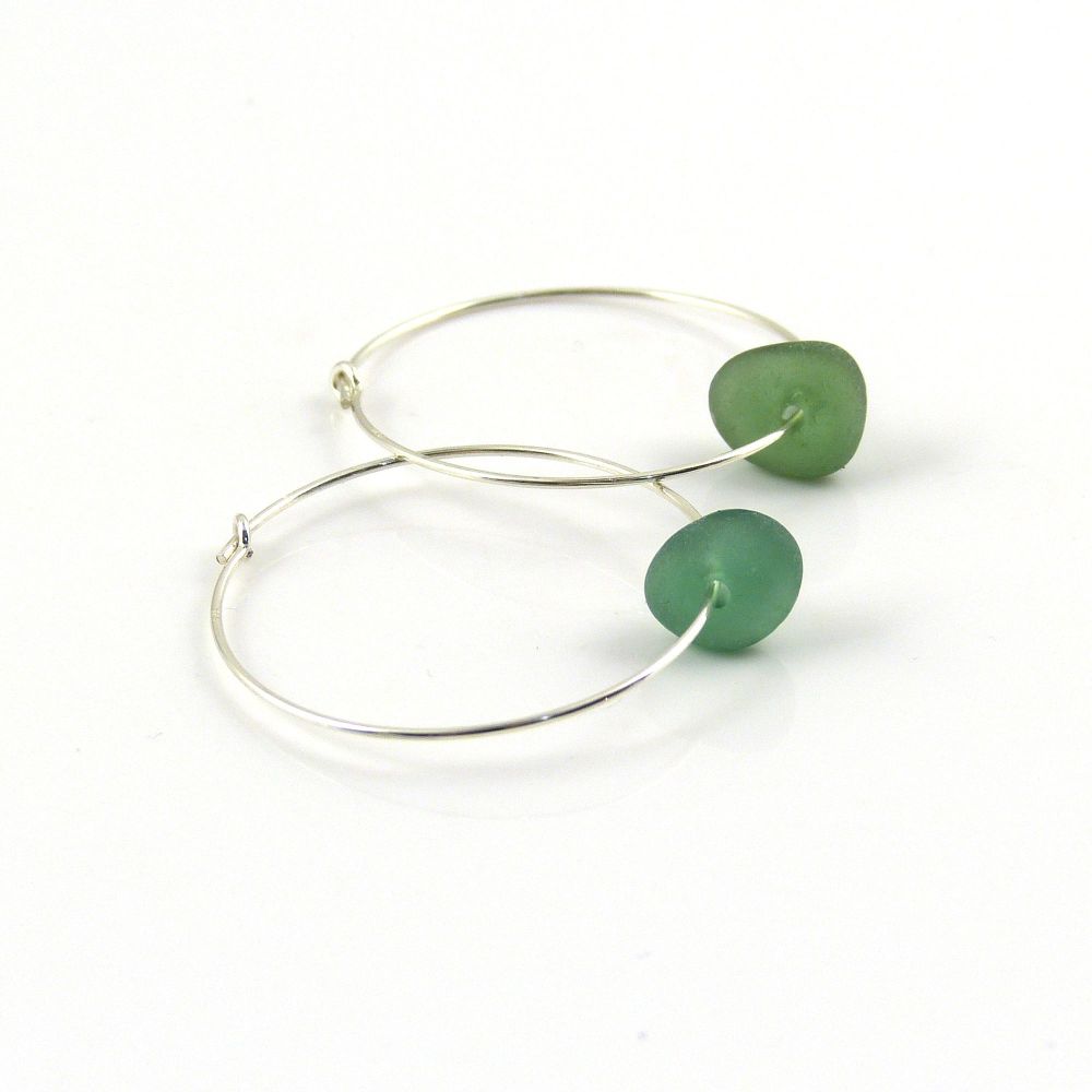 Sterling Silver Hoop Earrings, Green Blue Sea Glass, Seaham Sea Glass, e178