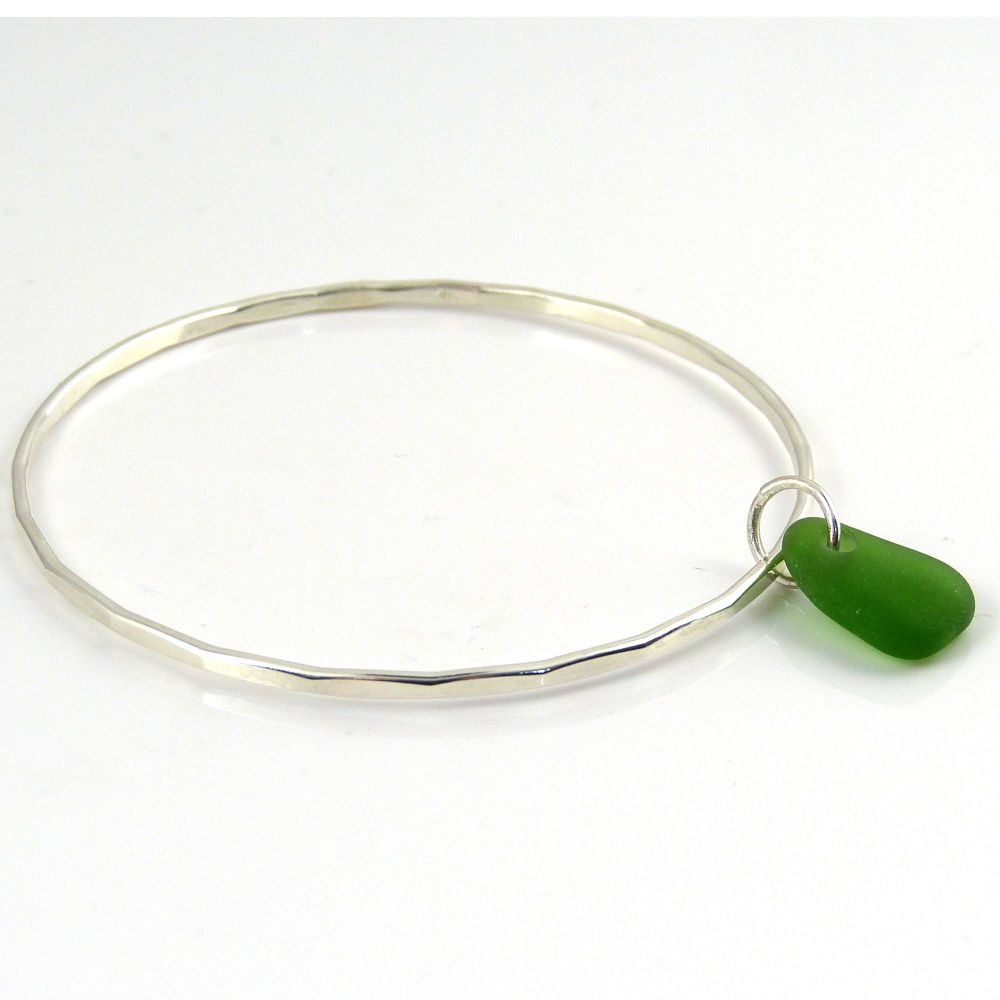 Sterling Silver Hammered Bangle and Green Sea Glass Charm 