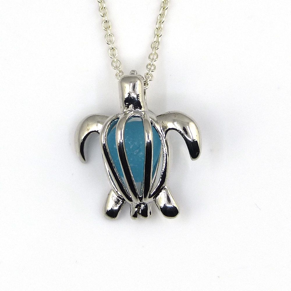 Turtle Locket with Shades of Turquoise Sea Glass L69
