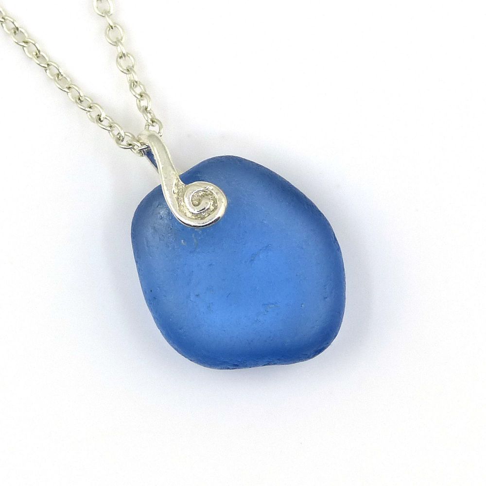 Rare Sapphire Blue English Sea Glass Necklace ALINA