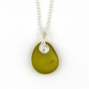 Deep Citron Sea Glass and Sterling Silver Necklace BELLA