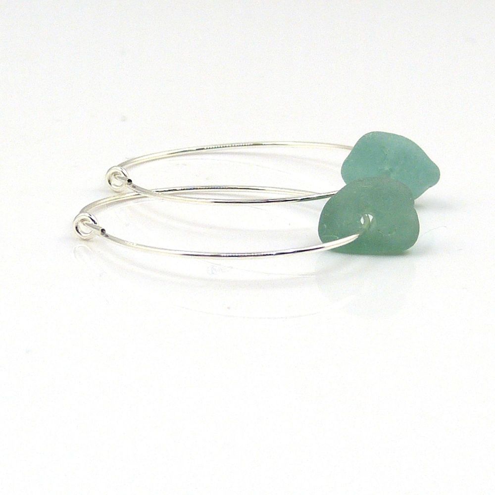 Turquoise Sea Glass and Sterling Silver Hoop Earrings - Seaham Beach Sea Gl