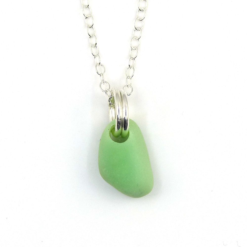 Tiny Pastel Green Milk Glass and Sterling Silver Necklace
