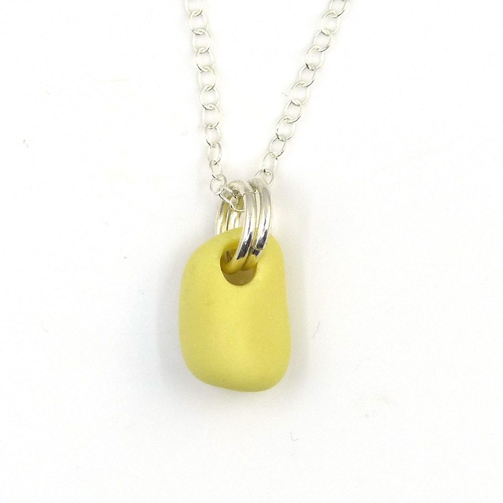 Tiny Pastel Yellow Milk Glass and Sterling Silver Necklace