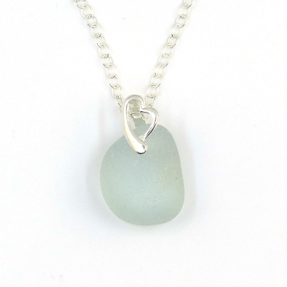 Pale Blue Sea Glass and Sterling Silver Heart Necklace JESSICA