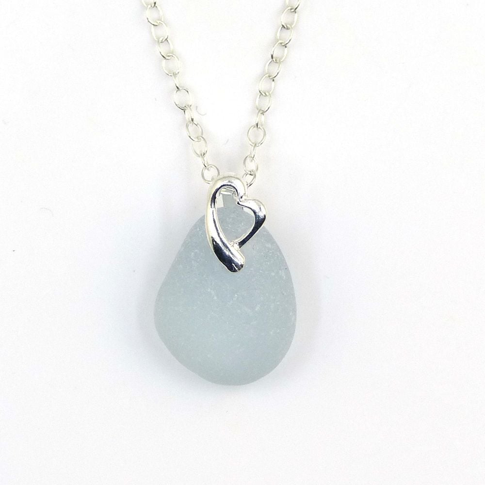 Powder Blue Sea Glass and Sterling Silver Heart Necklace HAILEY