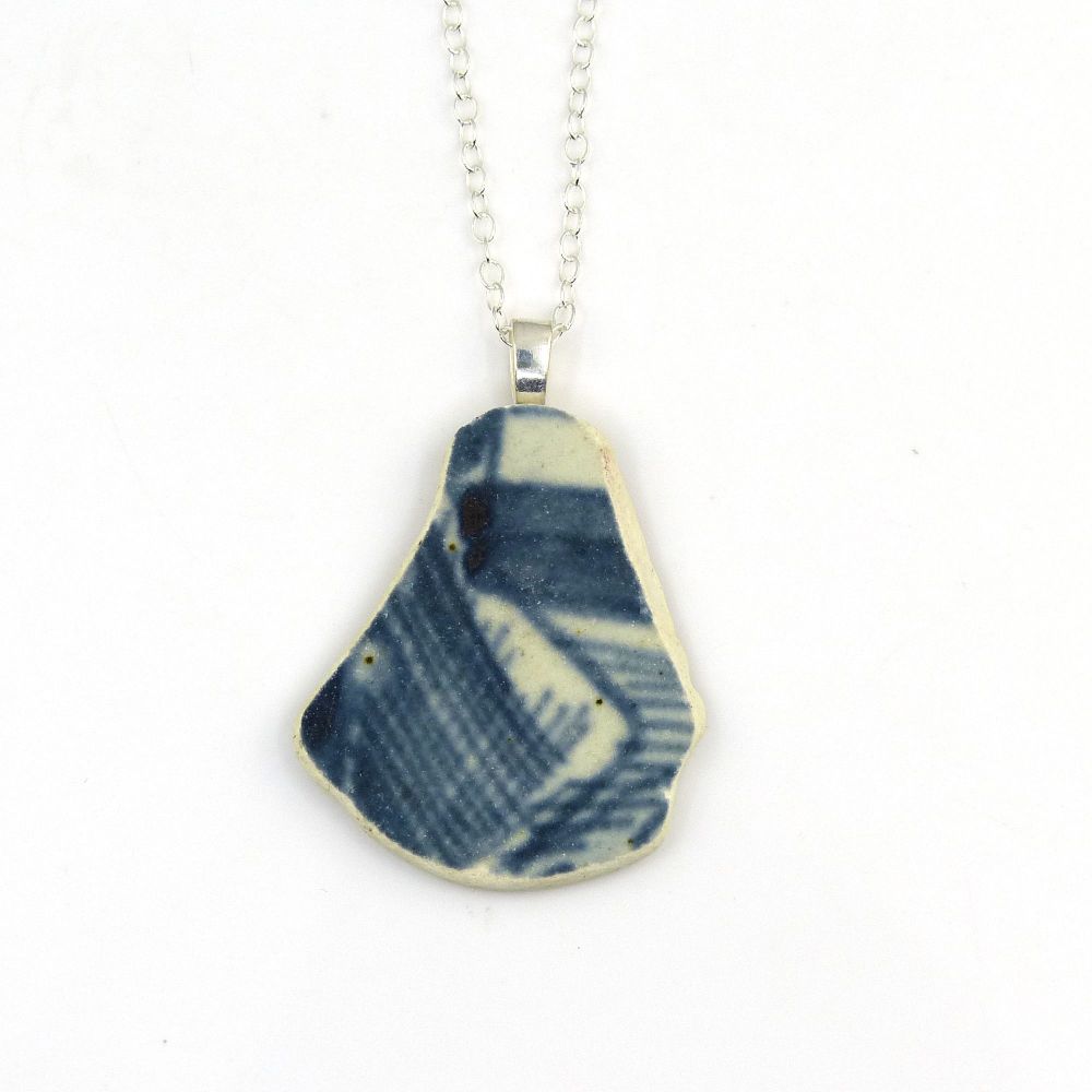 Blue and White English Beach Pottery Pendant Necklace MARIS