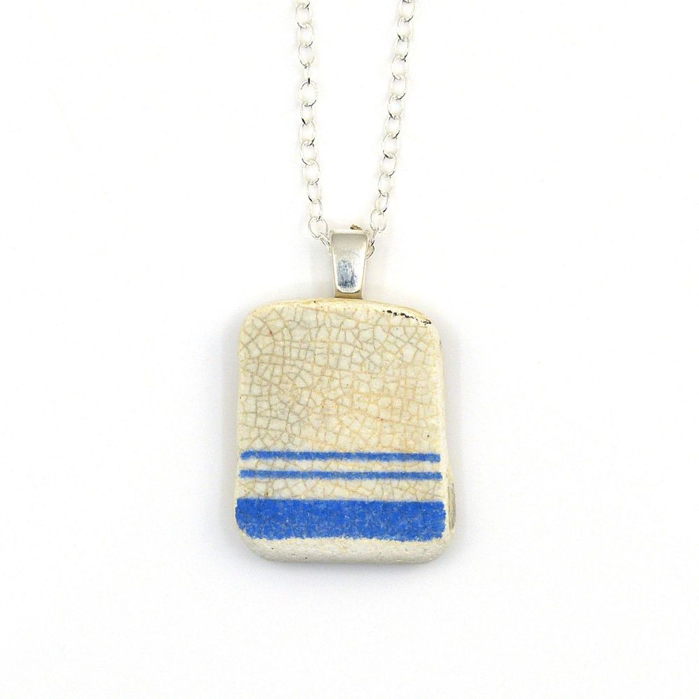 Blue and White Stripey Beach Pottery Pendant Necklace CORA