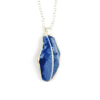 Blue and White English Beach Pottery Pendant Necklace P136