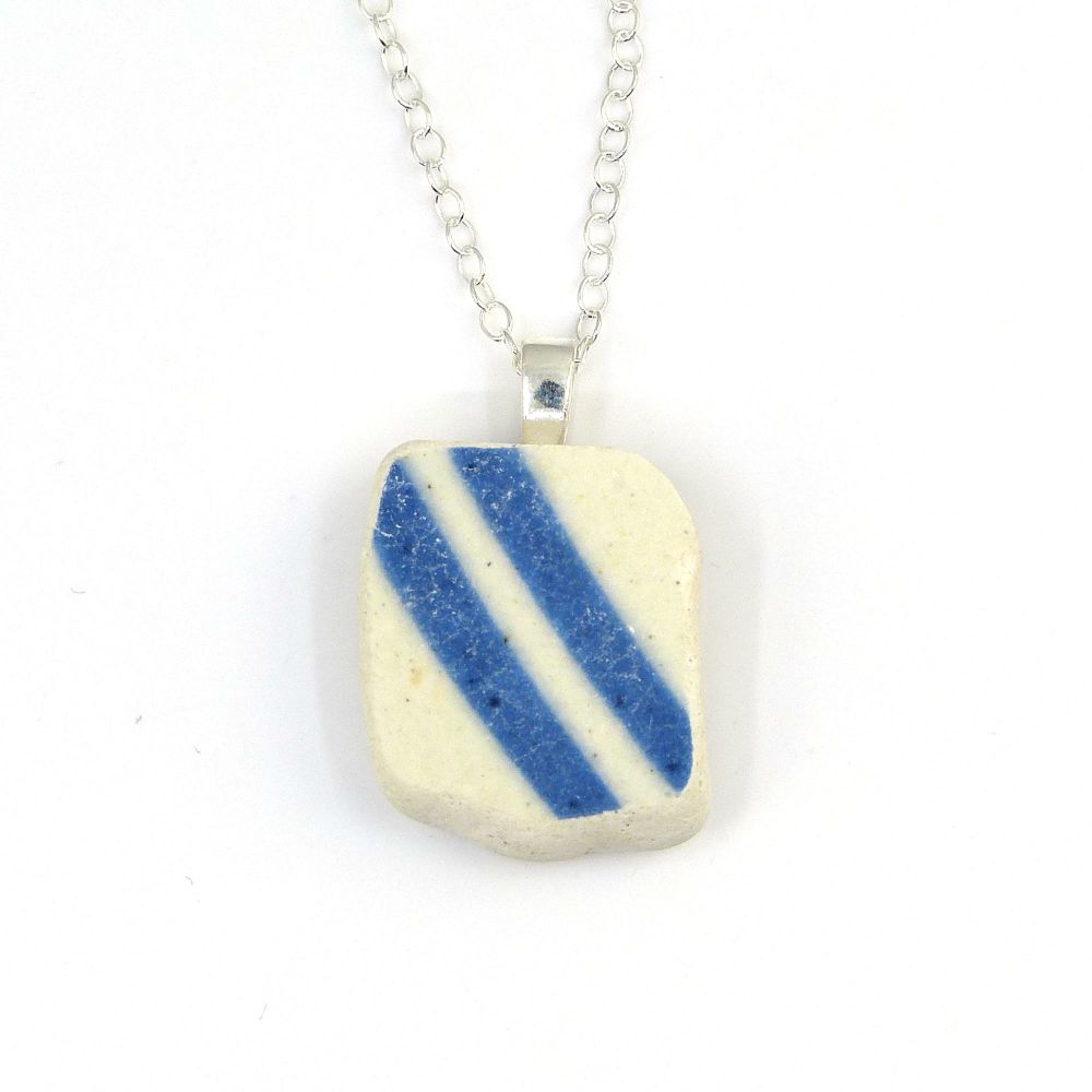 Blue and White English Beach Pottery Pendant Necklace P139