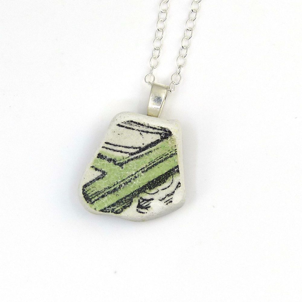 Green Patterned English Beach Pottery Pendant Necklace P132