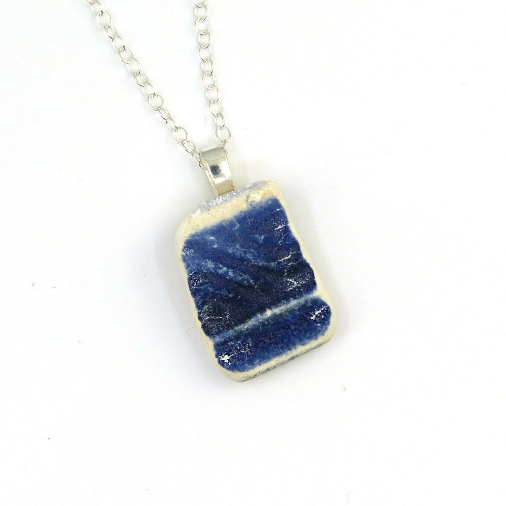 Blue and White English Beach Pottery Pendant Necklace P133