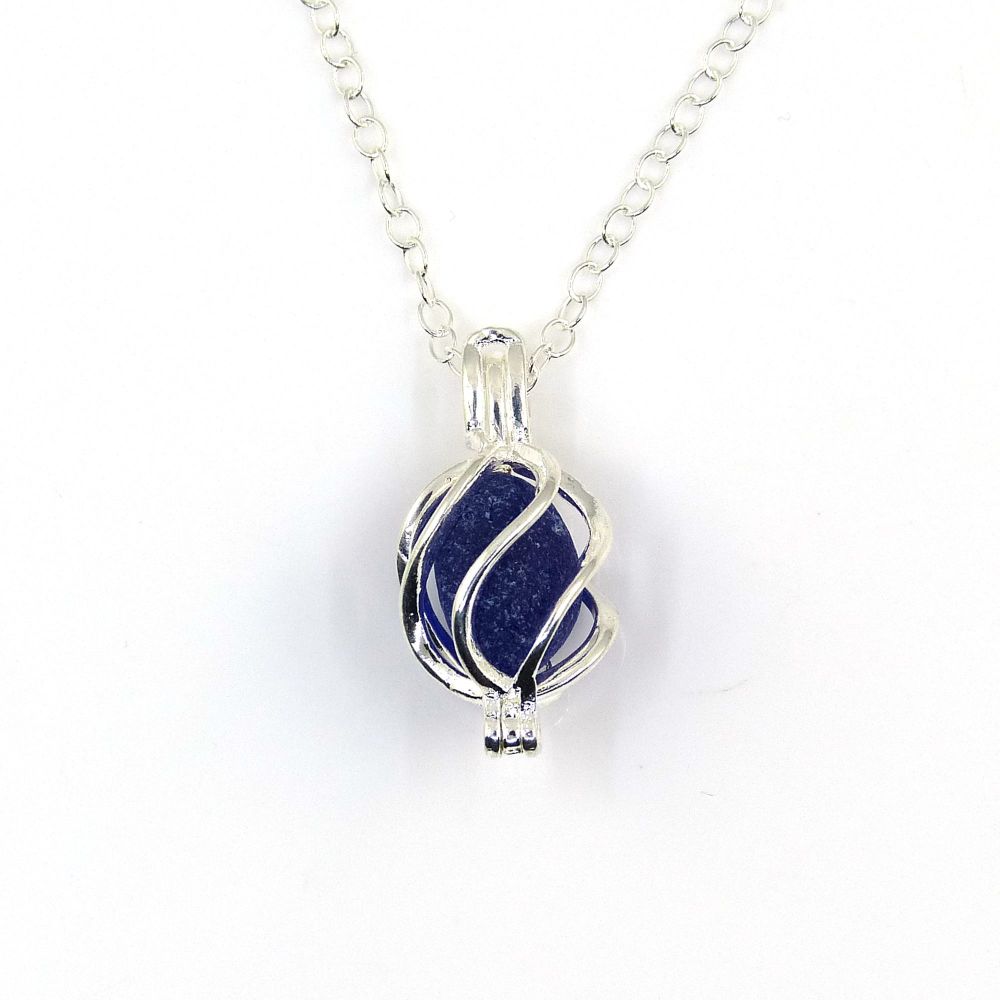 Cobalt Blue Sea Glass in Tiny Swirl  Locket Necklace L192