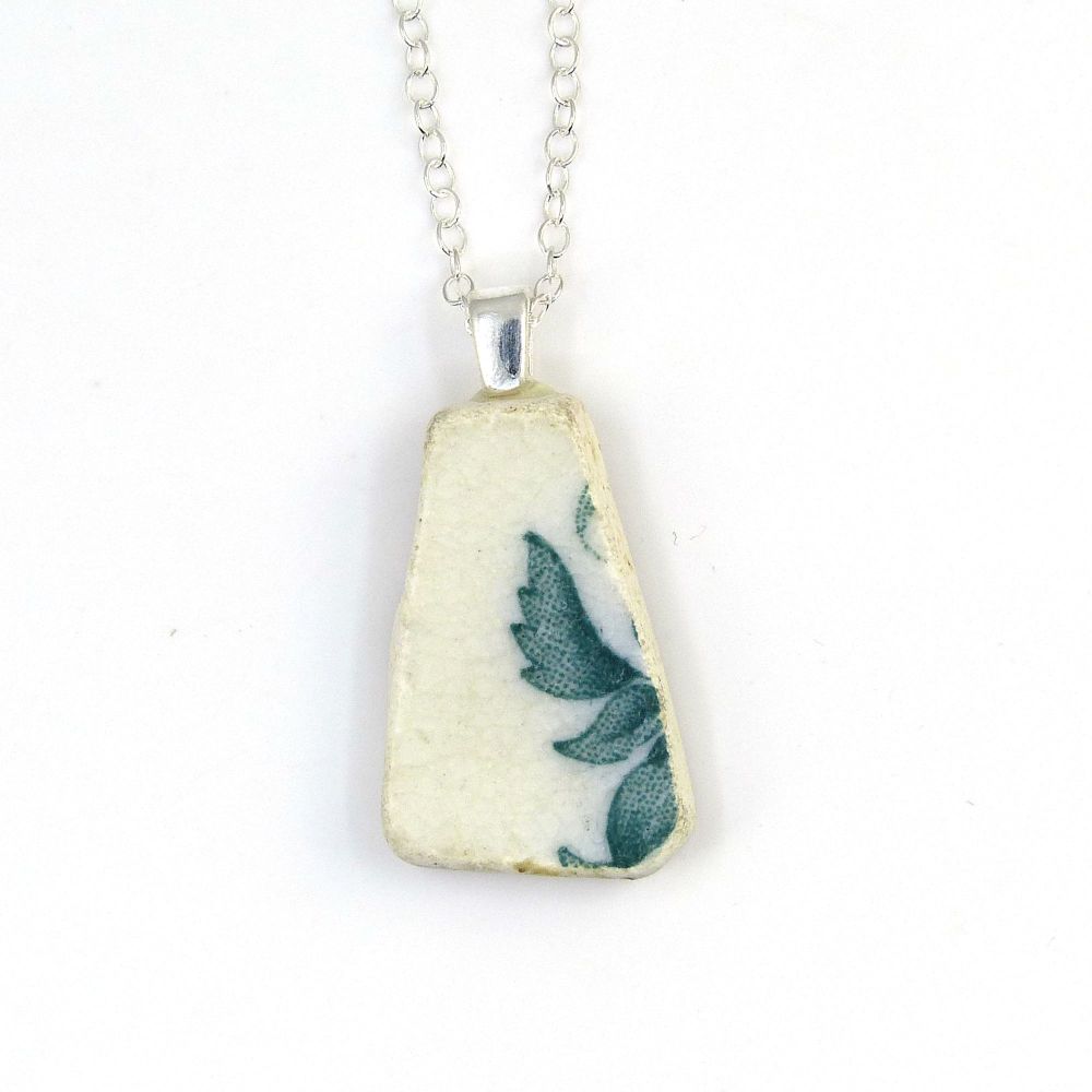 Green and White English Beach Pottery Pendant Necklace P138