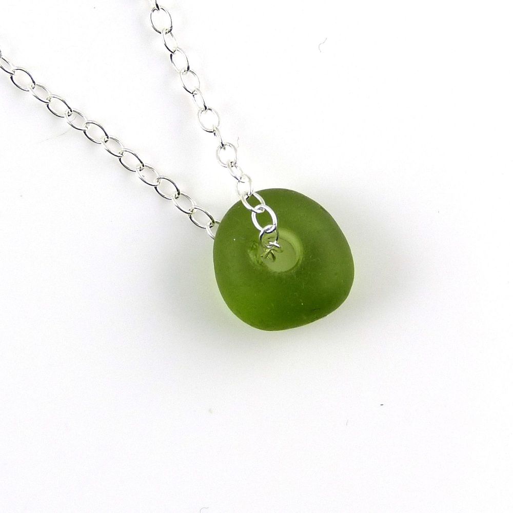 Yellow Green Sea Glass Bead and Silver Necklace 