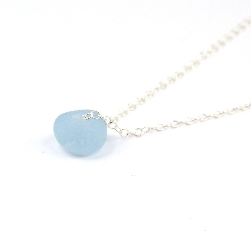 Powder Blue Sea Glass Bead and Silver Necklace 