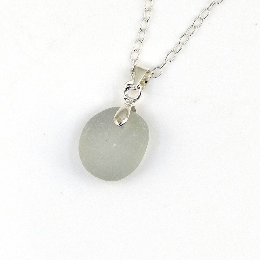 Tiny Pale Grey Sea Glass and Sterling Silver Necklace ELISE