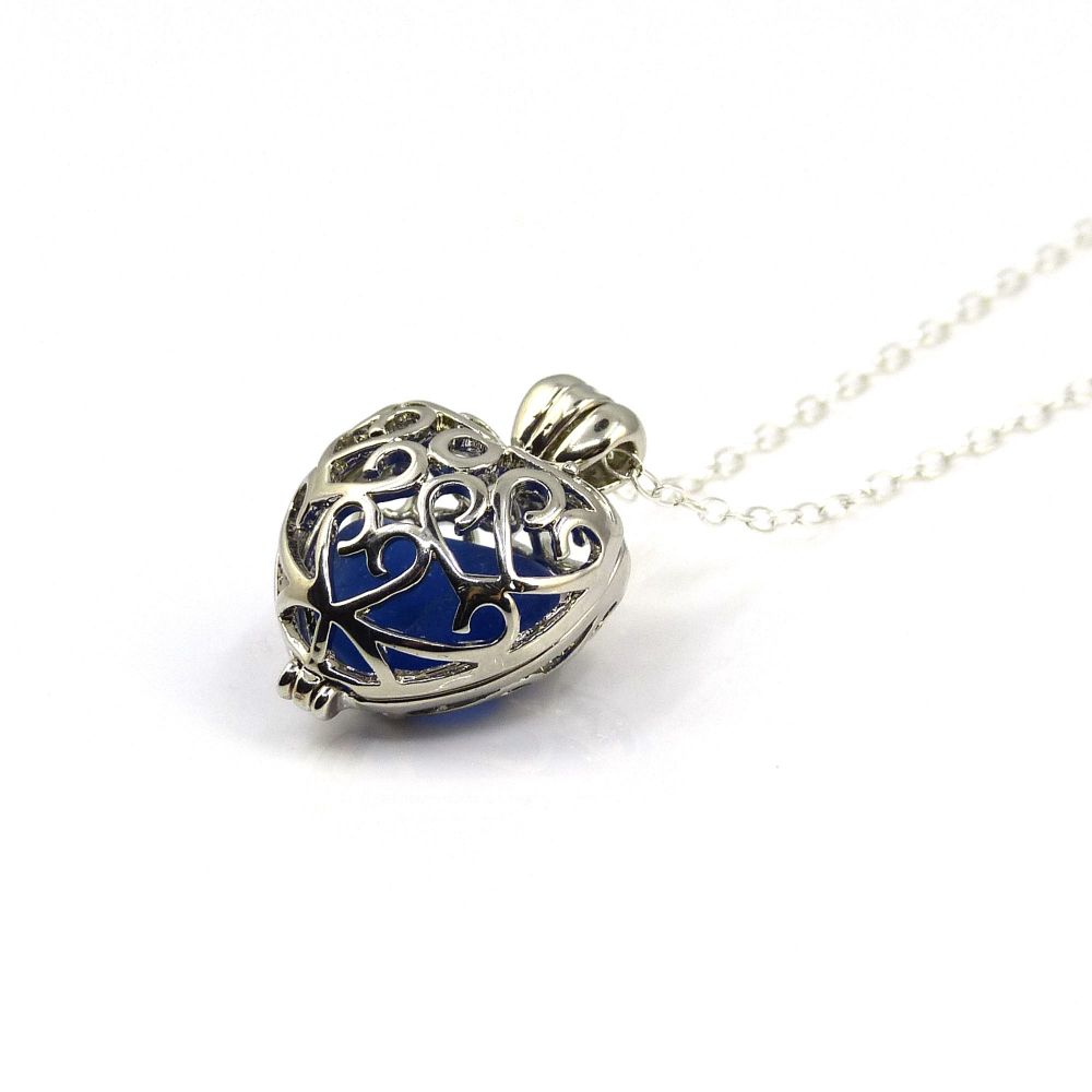 Sea Glass Necklace, Silver Heart Locket, Cobalt Blue Sea Glass L198