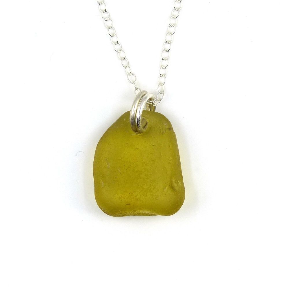 Deep Citron Sea Glass and Sterling Silver Necklace