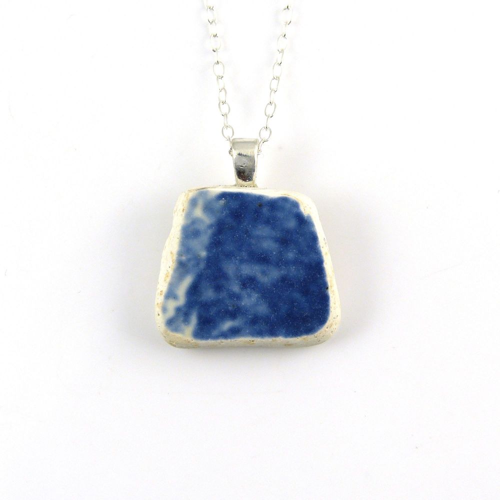 Blue and White English Beach Pottery Pendant Necklace P141