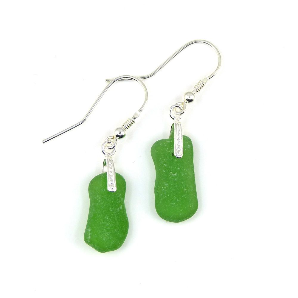 Emerald Green Sea Glass Sterling Silver Drop Earrings E186