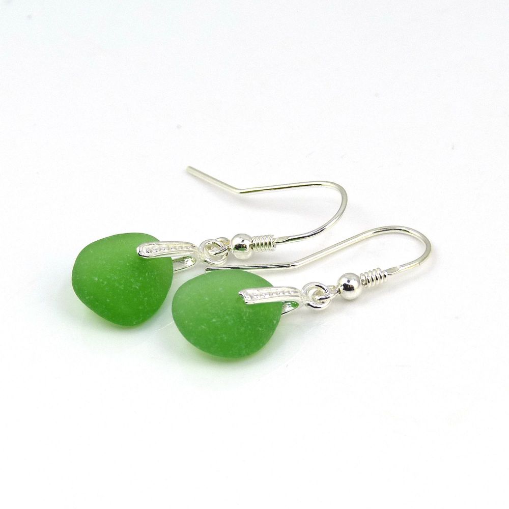 Emerald Green Sea Glass Sterling Silver Drop Earrings E184