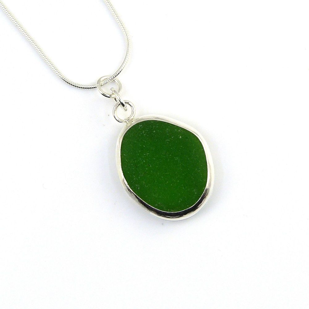 Bezel Set Emerald Green Sea Glass Pendant Necklace LUCETTE