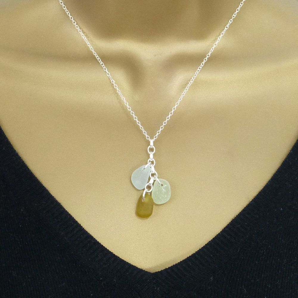 Seamist, Sage and Amber Sea Glass Cluster Necklace CARLY