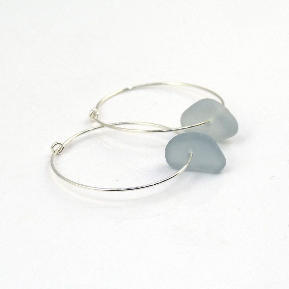 Seaham Cool Grey Sea Glass Sterling Silver Hoop Earrings  E210