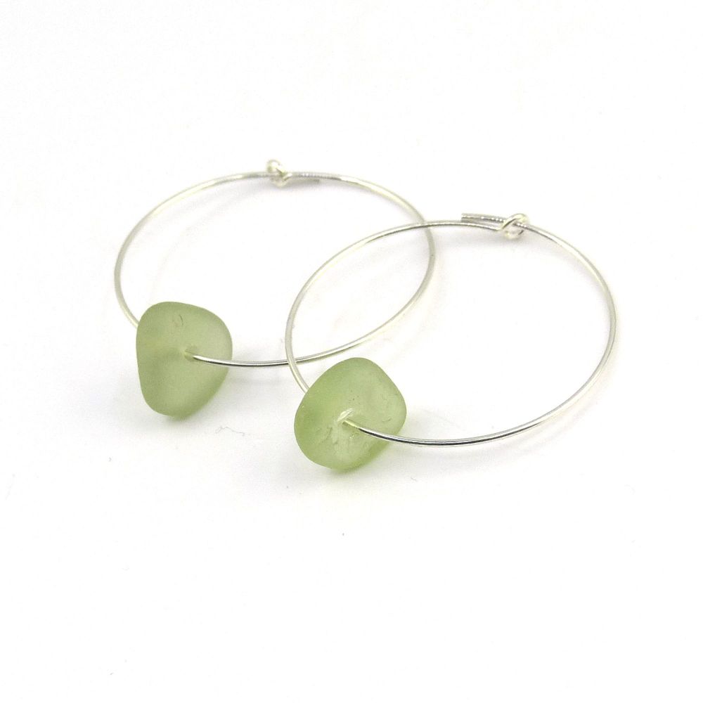Seaham Pale Sage Green Sea Glass Sterling Silver Hoop Earrings E208