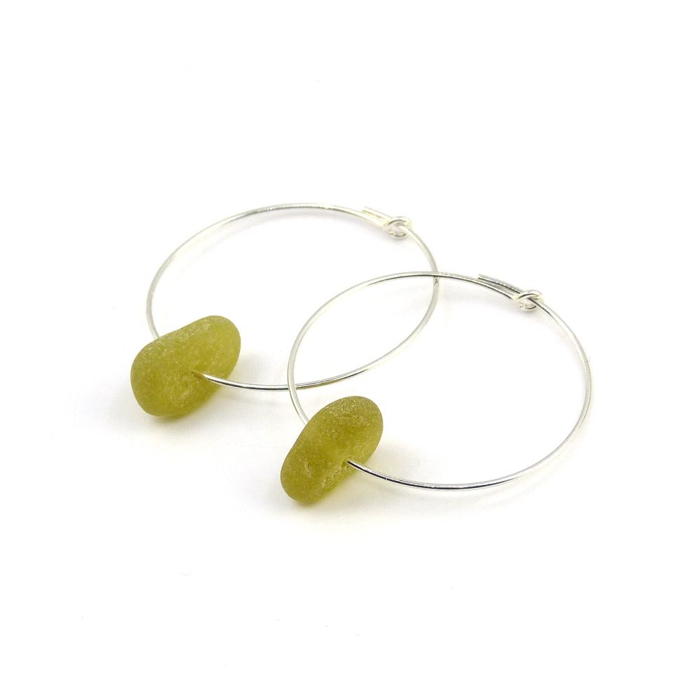 Seaham Deep Citron Sea Glass and Sterling Silver Hoop Earrings  E209