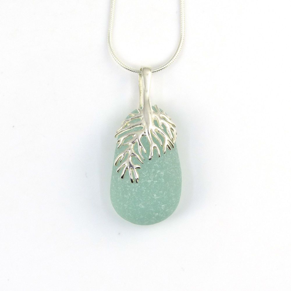 Light Teal Blue Sea Glass and Silver Coral Pendant Necklace VERONIQUE