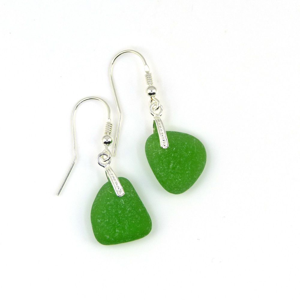 Emerald Green Sea Glass Sterling Silver Drop Earrings E187