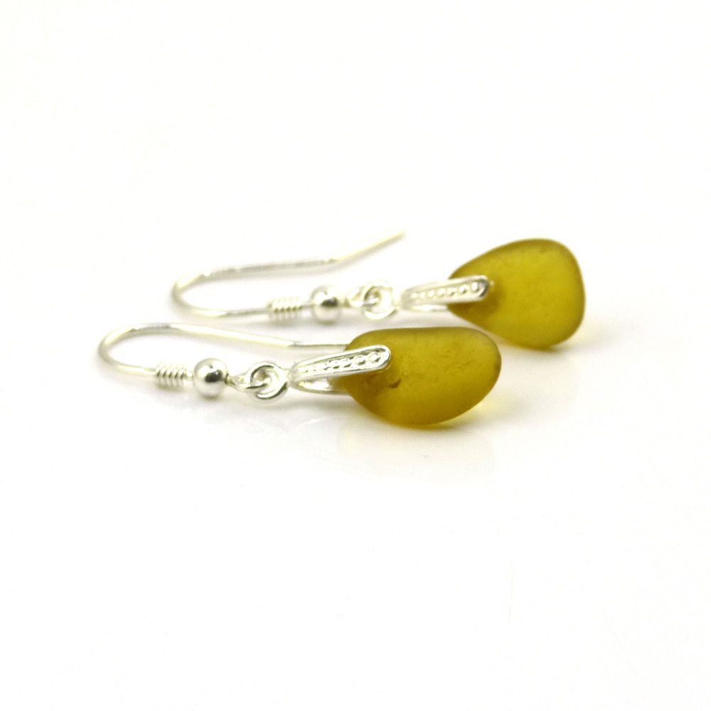 Honey Amber Seaham Sea Glass Sterling Silver Drop Earrings E201